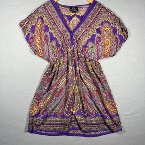 Angie Purple Paisley Boho V-Neck Tunic Dress Elastic Empire Waist Rayon Large